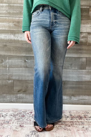 Judy Blue Mid Rise Tummy Control Top Flare Jeans Vintage Wash with back shield pockets with booty lifting JB88934REG MD