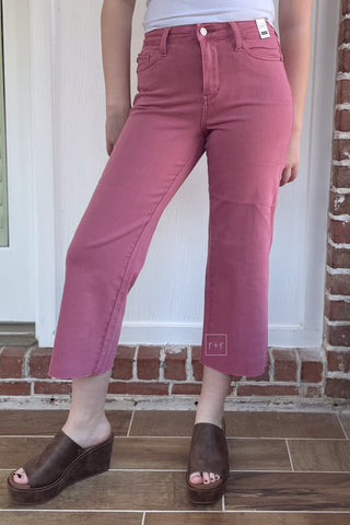 Judy Blue Denim High Waist Cropped Wide Leg Jeans Rose JB88983 with raw hem