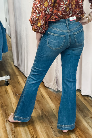 Judy Blue Jeans Petite High Rise Tummy Control Flare Denim JB881018-PT Medium Wash Double Button Waistband