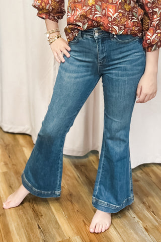 Judy Blue Jeans Petite High Rise Tummy Control Flare Denim JB881018-PT Medium Wash Double Button Waistband