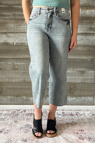 judy blue mid rise tummy control top wide leg crop jeans raw hem JB88903REG LT