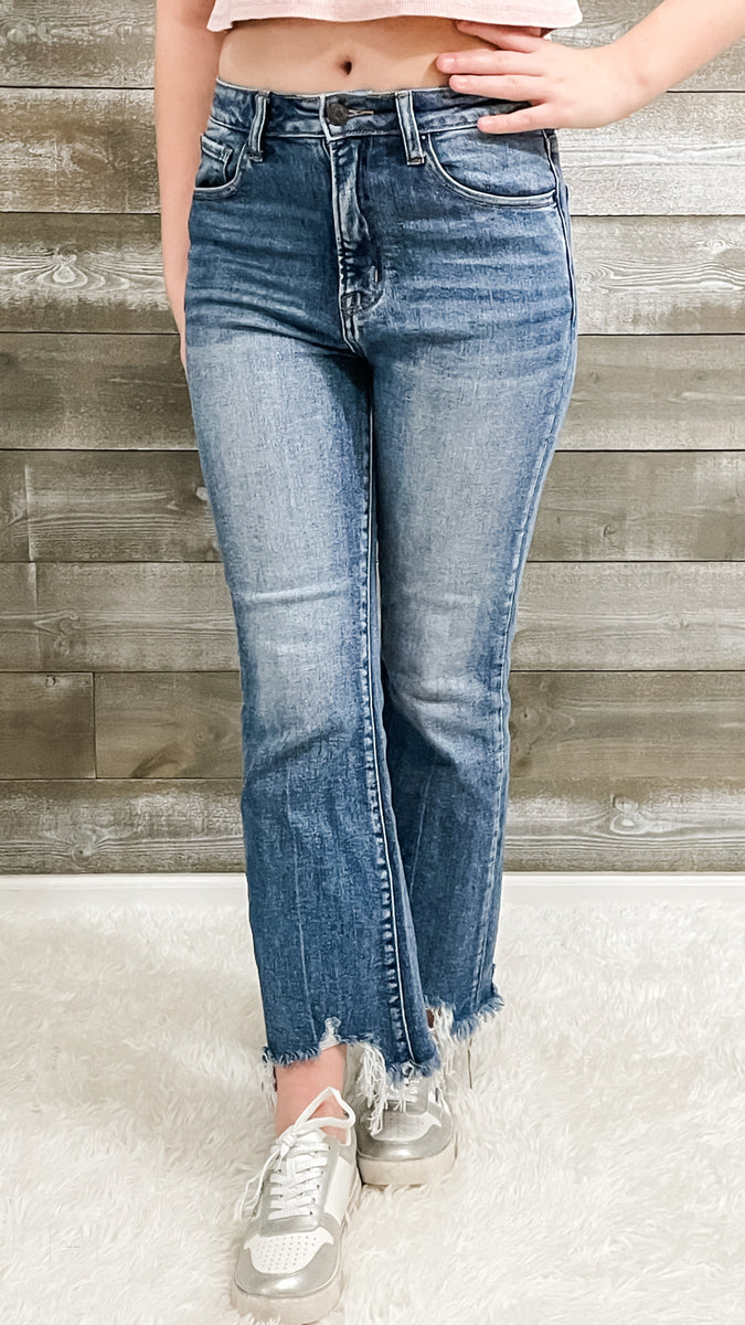 risen high rise cropped flare frayed jeans in medium wash RDP5168 – rivers  & roads boutique