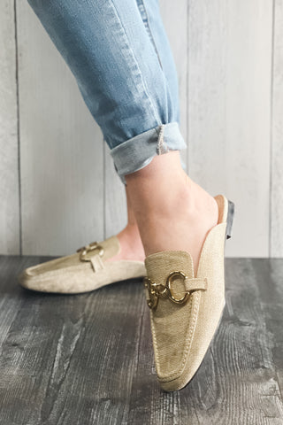 Shu Shop Andromeda Gold Slip-on Mule Loafer with Chain Detail