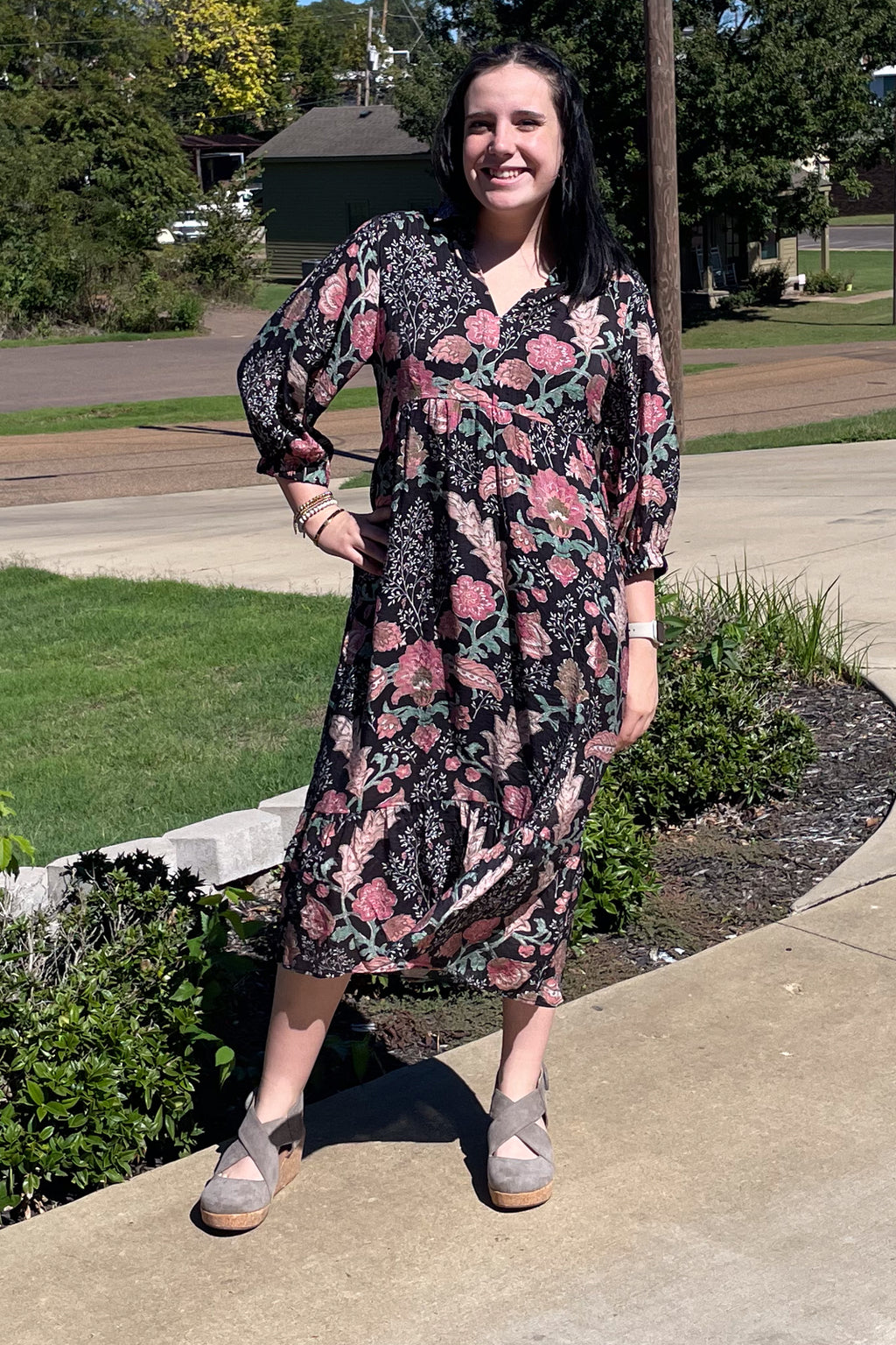 Umgee black mix floral midi collared dress with 3/4 puff sleeves K0945   rivers + roads boutique