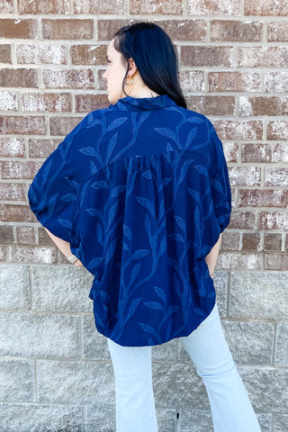 Umgee Navy Jacquard leaf textured button blouse dolman sleeves k0840 wk0840