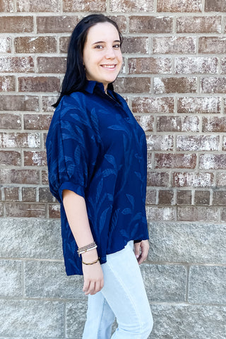 Umgee Navy Jacquard leaf textured button blouse dolman sleeves k0840 wk0840