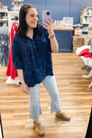 Umgee Navy Jacquard leaf textured button blouse dolman sleeves k0840 wk0840