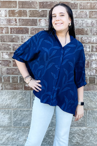 Umgee Navy Jacquard leaf textured button blouse dolman sleeves k0840 wk0840