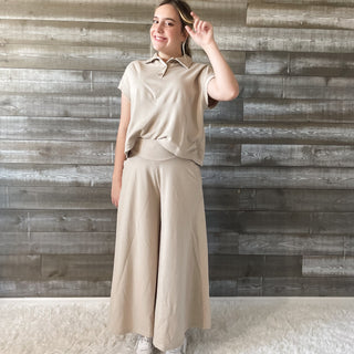 casual matching set in taupe