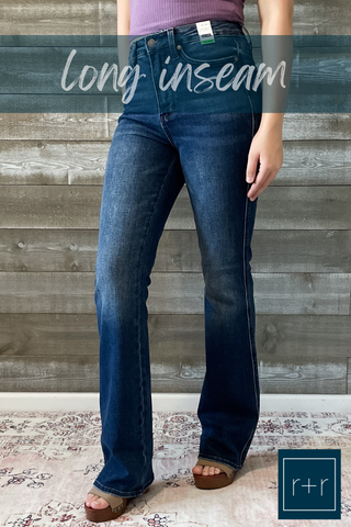 judy blue high waist tummy control top back pocket embroidered bootcut jeans long tall inseam JB88786 DK