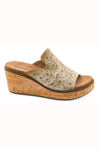 Corkys Neon Moon Wedge Shoe in Tan Washed Rhinestone Denim