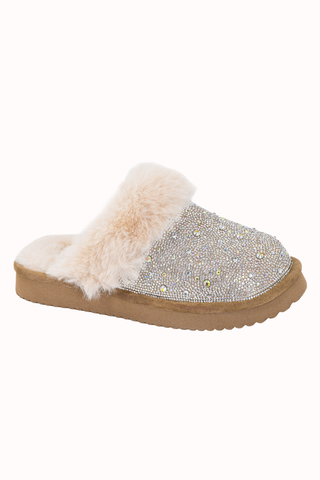 PRE-ORDER Corkys Lets Order In Clear Rhinestone Fur Trimmed Slippers