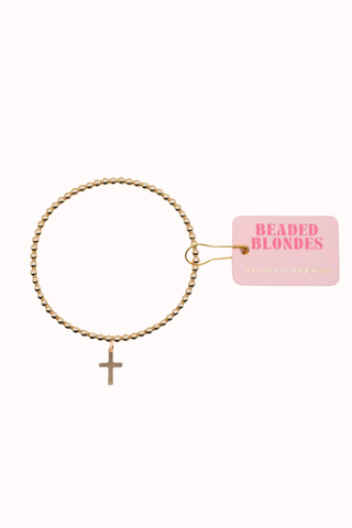 Beaded Blondes Cross Charm with 14k gold filled 3mm beaded waterproof Bracelet