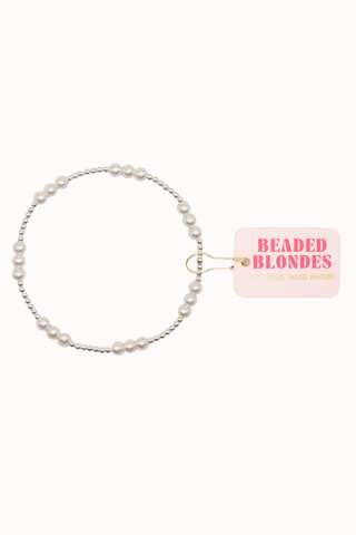 Beaded Blondes ILY (I Love You) Synthetic Pearl Bracelet with 2mm Sterling Silver stretch elastic string in 2 sizes