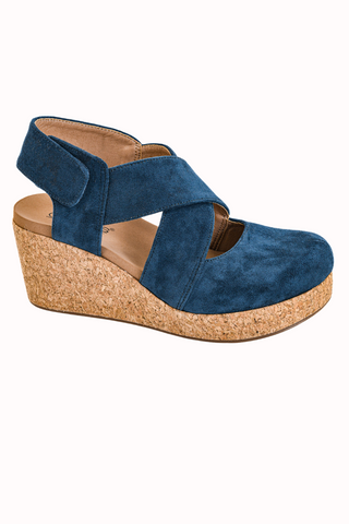 Corkys Case Closed Wedge Shoe in Navy Faux Suede