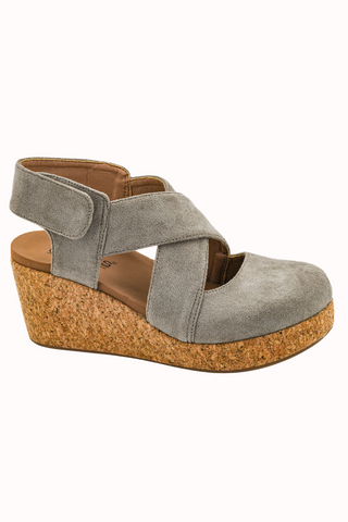 Corkys Case Closed Wedge Shoe in Grey Faux Suede