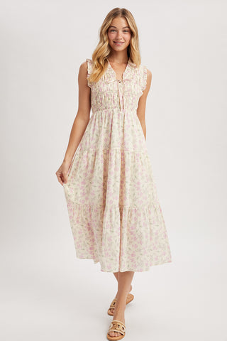 Wishlist ecru and lilac floral midi dress tiered skirt with sleeveless smocked bodice WL25-12272 stock photo