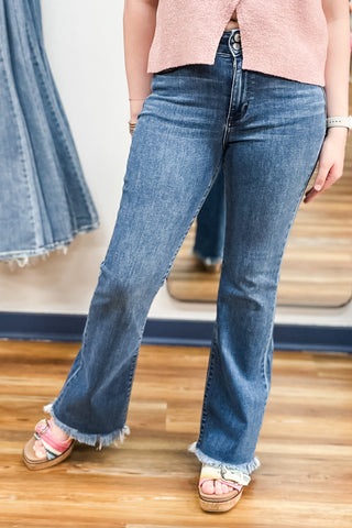 Judy Blue HIgh Waist Bootcut Jeans Fray Hem Medium Wash Denim with Double Button waistband JB82686