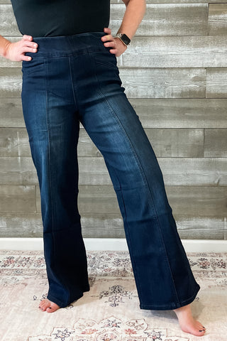 1822 Denim Petite High Rise Pull On Elastic Waist Wide Leg Jeans with Ab-solve Tummy Control Top in Naila Silk Denim C95CP2474A3-45N