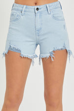 risen jeans | mid rise frayed hem shorts in ice blue RDS6066
