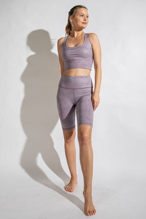 rae mode camo chintz biker & yoga shorts with wide wasitband P6120H lavender