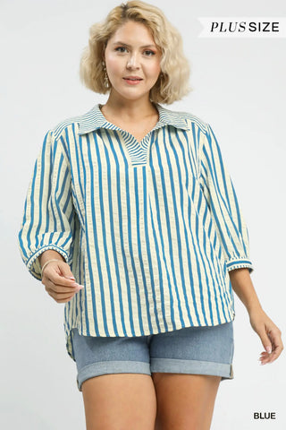Umgee Blue Striped Pullover Blouse Three Quarter Sleeves C5859 stock photo plus size