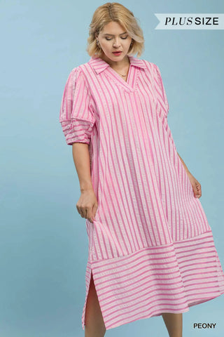 Umgee peony pink striped midi dress puff short sleeves caftan style C5868 stock photo plus
