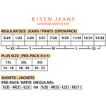 risen jeans size chart