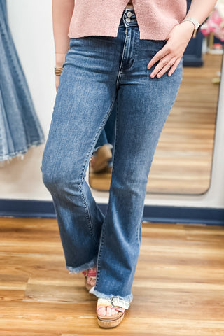 Judy Blue HIgh Waist Bootcut Jeans Fray Hem Medium Wash Denim with Double Button waistband JB82686