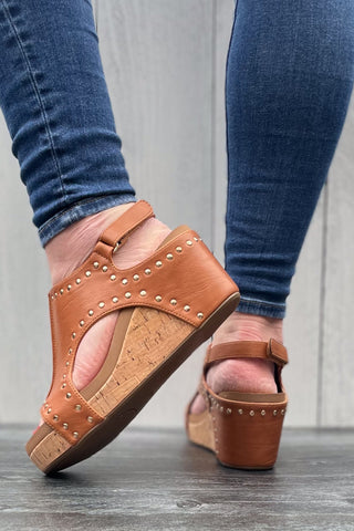 Corkys Footwear Carley Wedge Sandal in Cognac Brown with Gold Studs Trim