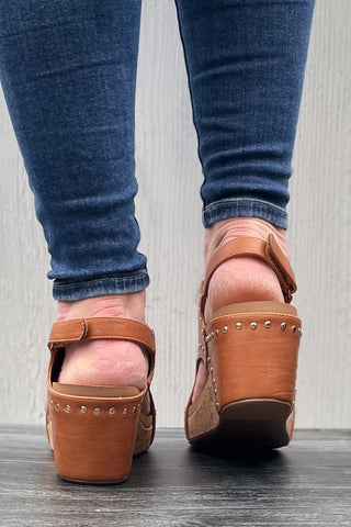 Corkys Footwear Carley Wedge Sandal in Cognac Brown with Gold Studs Trim