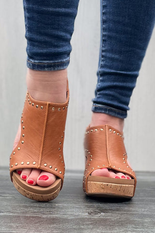 Corkys Footwear Carley Wedge Sandal in Cognac Brown with Gold Studs Trim