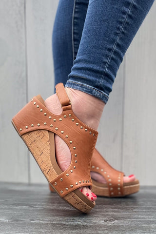 Corkys Footwear Carley Wedge Sandal in Cognac Brown with Gold Studs Trim