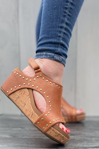 Corkys Footwear Carley Wedge Sandal in Cognac Brown with Gold Studs Trim