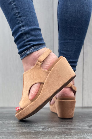 Corkys Footwear Carley Wedge Sandal in Camel Faux Suede with cushioned insole