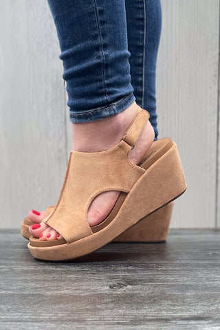 Corkys Footwear Carley Wedge Sandal in Camel Faux Suede with cushioned insole