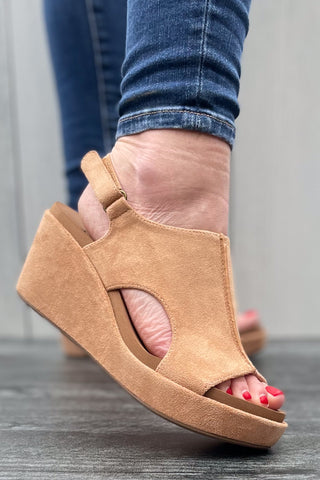 Corkys Footwear Carley Wedge Sandal in Camel Faux Suede with cushioned insole