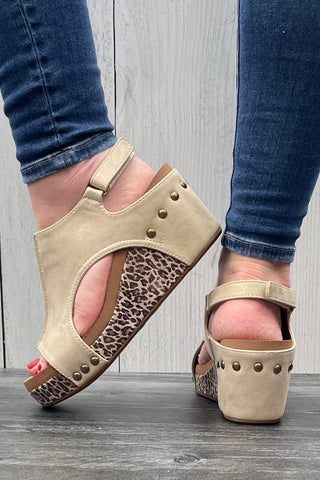 Corkys Footwear Carley Wedge Sandal in Gold with Metallic Leopard Print wrapped cork heel