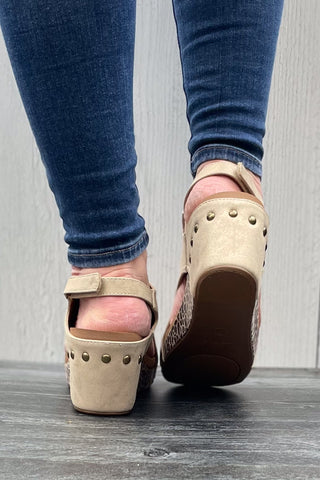 Corkys Footwear Carley Wedge Sandal in Gold with Metallic Leopard Print wrapped cork heel