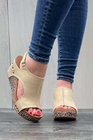 Corkys Footwear Carley Wedge Sandal in Gold with Metallic Leopard Print wrapped cork heel