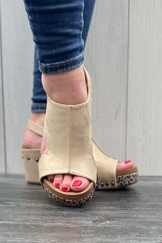 Corkys Footwear Carley Wedge Sandal in Gold with Metallic Leopard Print wrapped cork heel