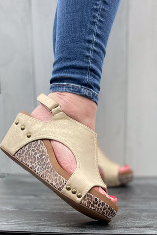 Corkys Footwear Carley Wedge Sandal in Gold with Metallic Leopard Print wrapped cork heel