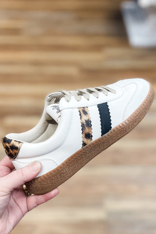 Corkys Footwear Heads Up Low Top Fashion Sneaker White Leopard Combo 2 Stripe Design for minimalist style