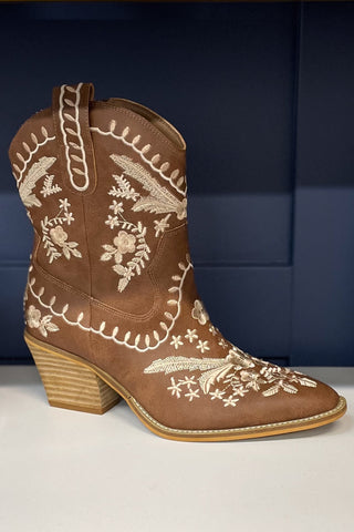 Corkys Footwear Lets Go Girls Brown Short boots with cream floral embroidery