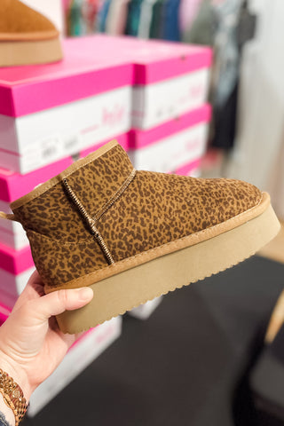 Corkys Footwear Mini Leopard Print Faux Suede Room Service Platform Ankle Boot with Faux Fur Lining