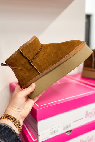 Corkys Footwear Tobacco Faux Suede Room Service Platform Ankle Boot with Faux Fur Lining