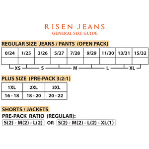 risen jeans size chart