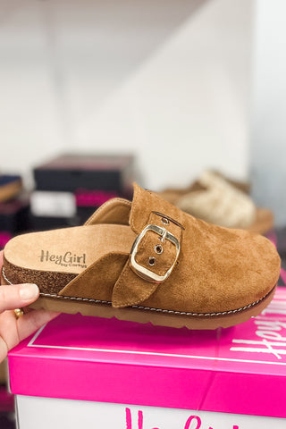 Corkys Footwear Day Dream slip on clog with adjustable buckle wide foot friendly in tobacco faux suede with cushioned footbed and chunkier tread sole for good traction