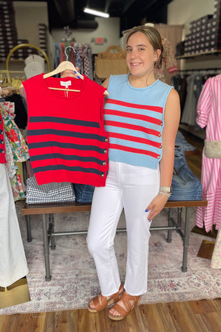 Entro striped knit sleeveless top functional side gold buttons T29614 available in 2 colors