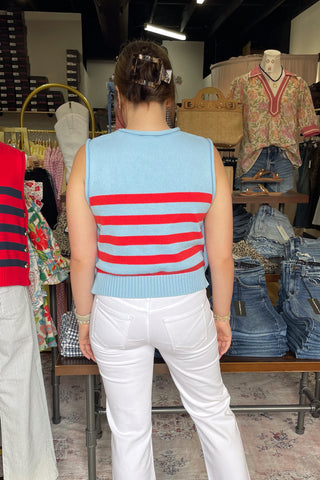 Entro light blue with red stripes knit sleeveless top functional side gold buttons T29614 back view